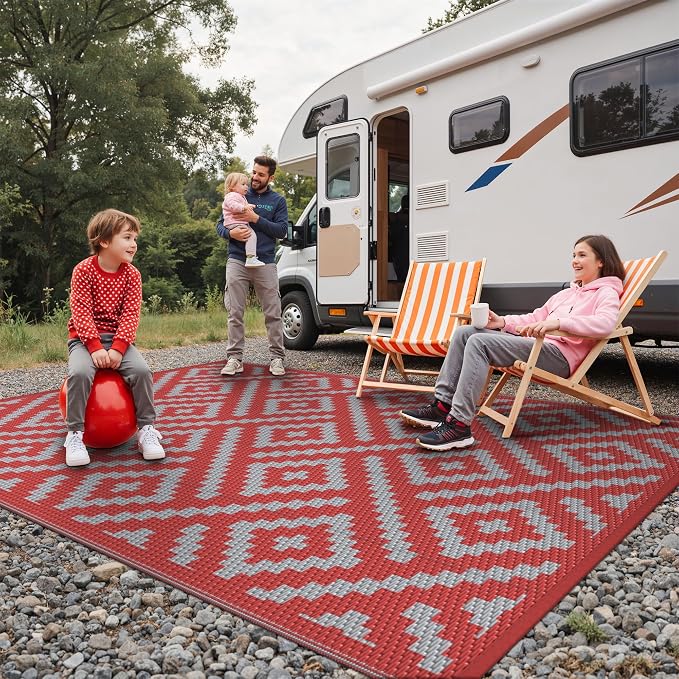 GENIMO Christmas Outdoor Rug for Patio Clearance, 6'x9' Reversible Plastic Straw Rugs, Lightweight Waterproof RV Camping Mat for Camper, Balcony, Deck, Backyard, Picnic, Red Grey