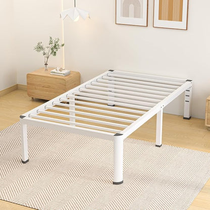 14 Inch Twin Bed Frame, Metal Platform Bed Frame with Round Corner Legs, 3500 lbs Heavy Duty Steel Slats Support, No Box Spring Needed, Noise Free, Easy Assembly, White