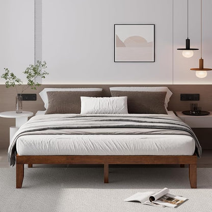COSTWAY Wood Platform Bed Frame, 14 Inches Solid Rubber Wood Bed Mattress Foundation with Sturdy Slats Support, Easy Assembly Bed Frame for Home Hotel, No Box Spring Needed (Walnut, King)