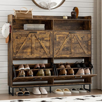 BORNOON Shoe Cabinet with 4 Flip Drawers Narrow Shoe Storage Cabinet Organizer Wooden Freestanding Shoe Rack Hidden Slim Shoes Storage Cabinet for Entryway, Hallway, Living Room, Bedroom