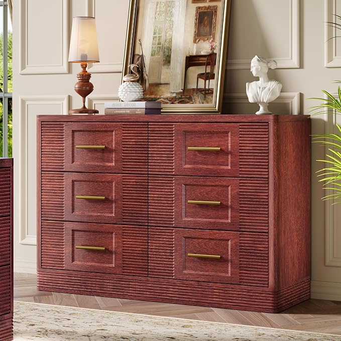 RECHHX Farmhouse 6 Drawers Dresser for Bedroom, 47.2" Wide Large Modern Chest of Drawers, Wooden Thermoformed Curved Dresser Organizer for Bedroom, Living Room, Walnut Cherry