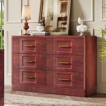 RECHHX Farmhouse 6 Drawers Dresser for Bedroom, 47.2" Wide Large Modern Chest of Drawers, Wooden Thermoformed Curved Dresser Organizer for Bedroom, Living Room, Walnut Cherry