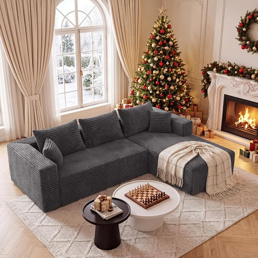 92.5" L-Shaped Sectional Boneless Couches with Chaise, Comfy Modular Corduroy Fluffy Couch with Deep Seat, 3 Seater Cloud Sofa for Apartment Flexible Module Combination for Living Room, No Assembly