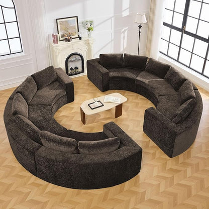 WUTUTUEE 142'' Curved Round Boneless Couch, Oversized Circular Sofa with Deep Seat & Arms, Chenille Modular Sectional Sofa with Pillows, Upholstered Comfy 12 Seat Couch for Living Room, Brown