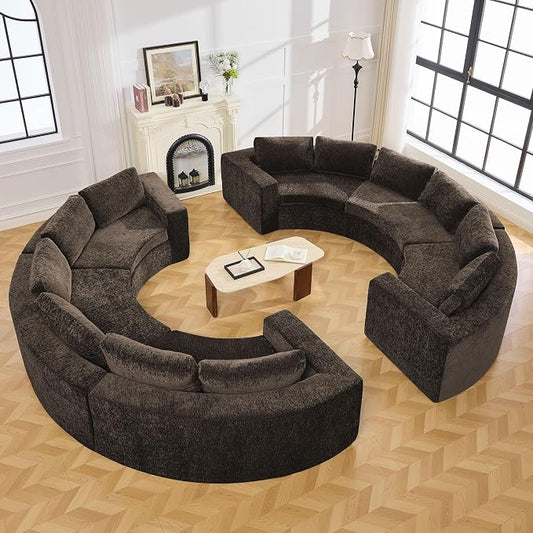 WUTUTUEE 142'' Curved Round Boneless Couch, Oversized Circular Sofa with Deep Seat & Arms, Chenille Modular Sectional Sofa with Pillows, Upholstered Comfy 12 Seat Couch for Living Room, Brown