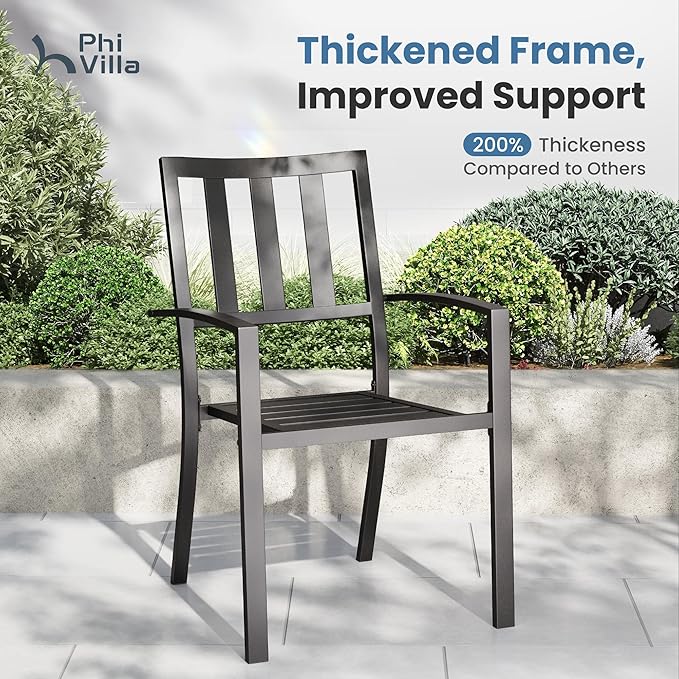 PHI VILLA 7 Pieces Outdoor Round Dining Set for 6, Wrought Iron Dining Table with Umbrella Hole & Stackable Metal Steel Chairs, Large Dining Furniture Set for Patio, Deck, Yard, Porch
