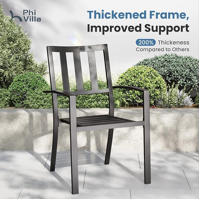 PHI VILLA 9 Pieces Outdoor Dining Set for 8, 57.5” Square Black Metal Table with Umbrella Hole & Stackable Iron Chairs, Large Outside Furniture Set for Patio, Deck, Yard, Porch