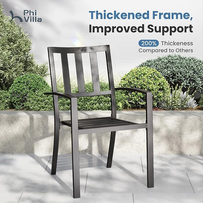 PHI VILLA 5pc Outdoor Table and Chairs,37" Square Table w/Umbrella Hole | Perfect for patio, deck, porch, backyard. Includes 1 black square metal table and 4 stackable wrought iron chairs.