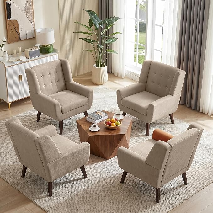 HUIMO Accent Chair Set of 4, Upholstered Button Tufted Armchair, Linen Fabric Sofa Living RoomChairs for Bedroom, Mid-Century Modern Comfy Reading Chair (4 PCS, Khaki)