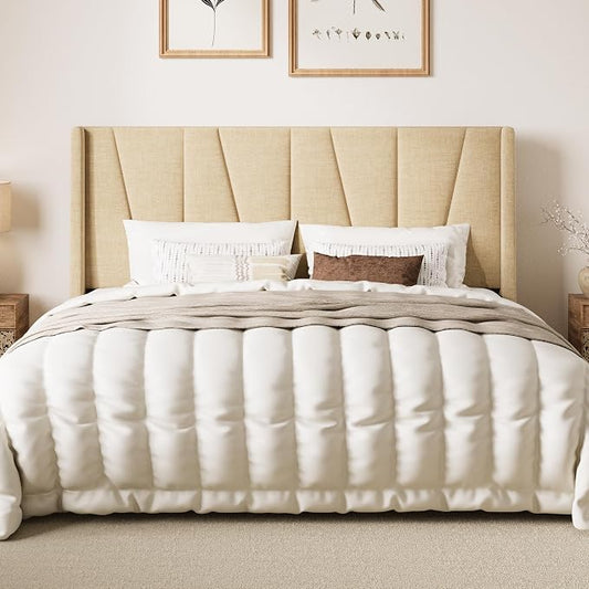 SHA CERLIN King Size Bed Frame with Geometric Wingback Headboard, Upholstered Platform Bed with 8" Under-Bed Space, No Box Spring Needed, Easy Assembly, Beige