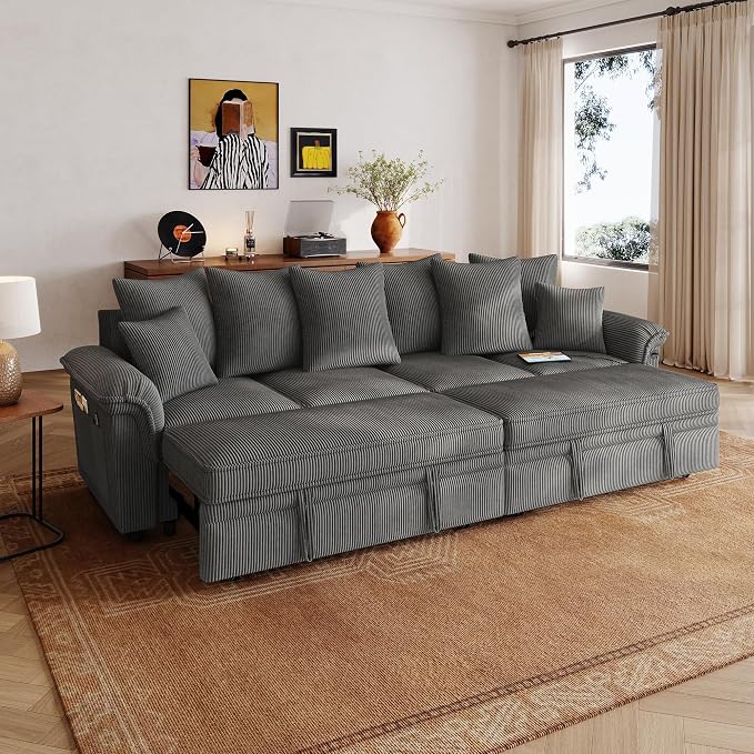 LINSY HOME Oversized Sectional Sleeper Sofa with Pull Out Couch Bed (Gray, 110.5'') | USB Charging