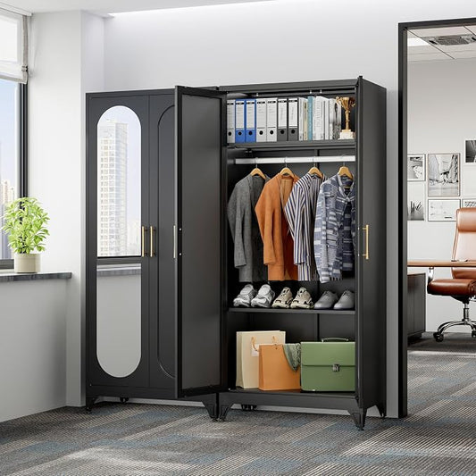 SteeLoong Metal Wardrobe Cabinet with Hanging Rod, 71" Tall Armoire Wardrobe Closet with Mirror Doors and Adjustable Shelves, Black Clothing Storage Cabinets for Bedroom, Laundry Room,Office
