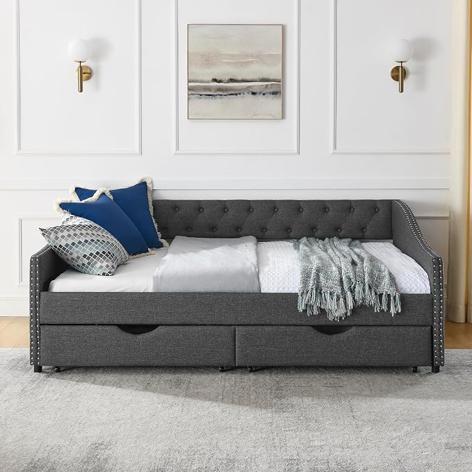 KEIKI Full Size Upholstery Daybed with 2 Drawers and Headboard, Mid-Century Style Tufted Sofa Bed with Button on Back, Easy Assembly, No Box Spring Required, for Living Room and Bedroom, Dark Grey