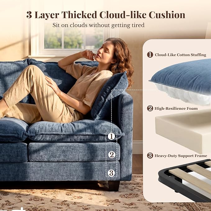Loveseat Sofa with Cloud 3-Layer Cushion & 27" Deep Seat, Modern Small Couch with 2 Washable Pillows for Small Spaces, Bedroom, Apartment, Office, Living Room, in a Box, 50-Inch Blue