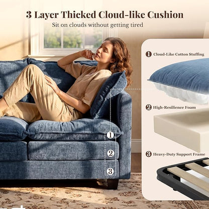 Loveseat Sofa with Cloud 3-Layer Cushion & 27" Deep Seat, Modern Small Couch with 2 Washable Pillows for Small Spaces, Bedroom, Apartment, Office, Living Room, in a Box, 50-Inch Blue
