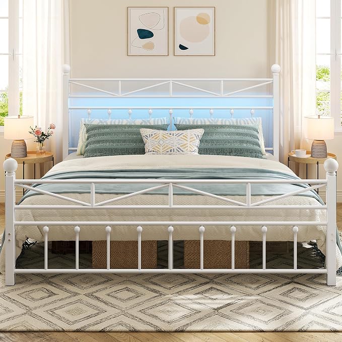 EnHomee Metal King Bed Frame,Tall Headboard & LED Light,Noise-Free,White | Heavy-duty supports 883lbs,12.7"Under-bed storage space for apartment & dorm,No box spring needed,Easy assembly