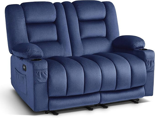 MCombo 55.9" Zero Gravity Power Loveseat Recliner with Heat and Vibration Massage, Reclining Loveseat Sofa with USB Ports, Cup Holders for Living Room, Fabric PR648SET (Navy Blue)