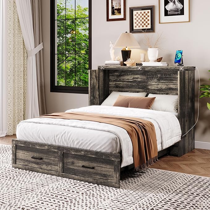 Merax Full Size Murphy Bed with Charging Station, Multi-Functional Foldable Platform Bed with 1 Large Storage Drawer for Guest Room, Small Bedroom, Gray