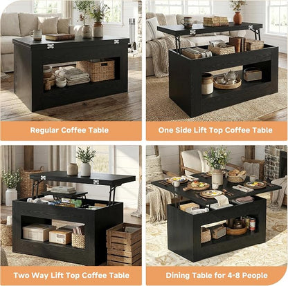UNIQUITE 40" Lift Top Coffee Table, 4 in 1 Multi-Function Lift Coffee Tables with Storage and Hidden Compartment, Convertible Wood Coffee Tables to Dining Table for Living Room, Black