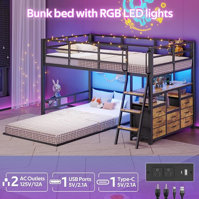 Bunk Bed Twin Over Twin,Low Bunk Bed with 8 Drawers & 4 Shelves & 15" H Safety Guardrail,Metal L-Shaped Twin Bunk Bed with LED Lights and Charging Station,Floor Bunk Beds with Ladder,Vintage Brown