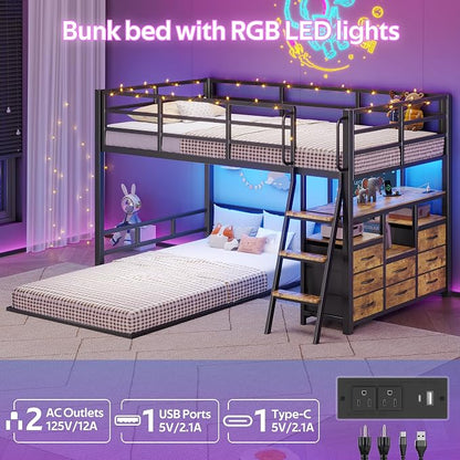 Bunk Bed Twin Over Twin,Low Bunk Bed with 8 Drawers & 4 Shelves & 15" H Safety Guardrail,Metal L-Shaped Twin Bunk Bed with LED Lights and Charging Station,Floor Bunk Beds with Ladder,Vintage Brown