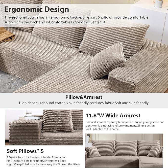 107.5" Cloud Sectional Couch with L-Shape Chaise, Modern Cloud Couch with Deep Seat, Modular Sectional Couches for Living Room, Apartment, Office, No Assembly Required