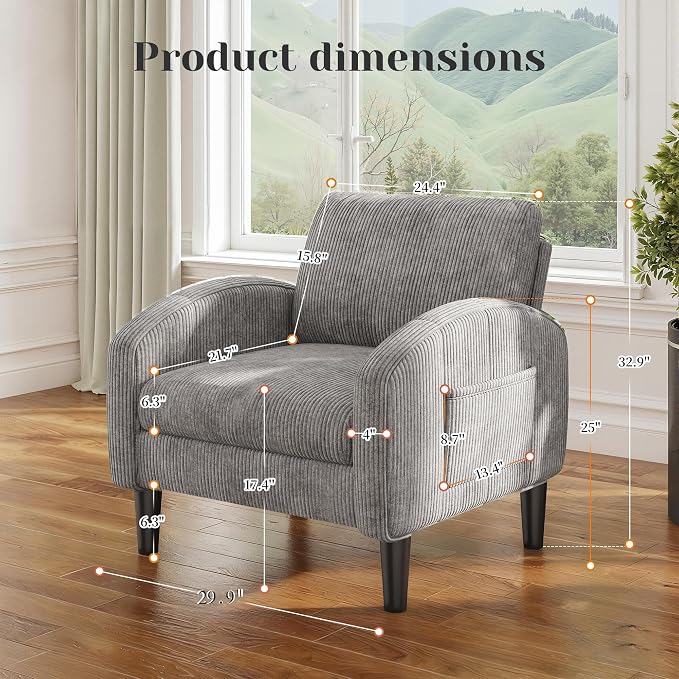 Homkdom Accent Chairs Set of 2 for Living Room,Mid Century Modern Reading Chair with 2 Side Pockets,Upholstered Armchair for Apartment,Small Room,Grey