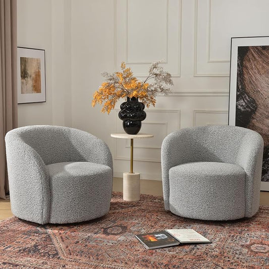 KINWELL 34" W Swivel Barrel Chair Set of 2, Mid Century Modern Round Upholstered Boucle Swivel Accent Chairs, No Assembly Sofa Chair for Living Room Bedroom Reading, Black White