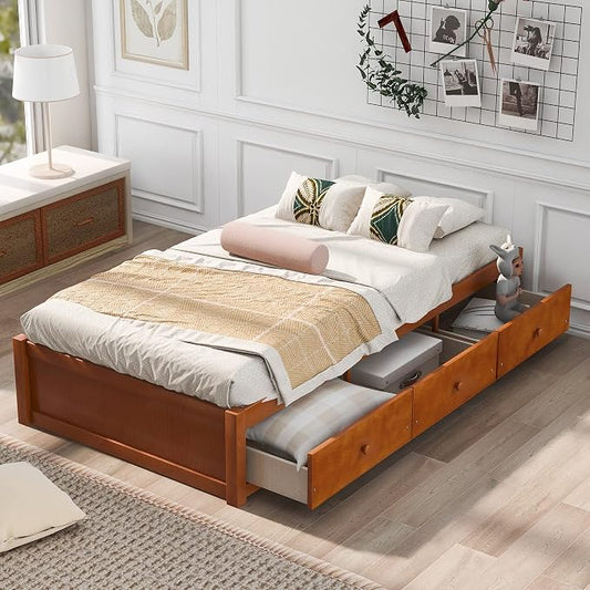 Merax Wood Captain's Platform Storage Bed with 3 Drawers,Classic Bed Frame No Box Spring Needed Twin, Oak