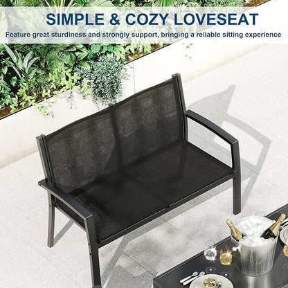 Garvee 4 Piece Patio Bistro Furniture Set, Outdoor Conversation Set with 3 Chairs, Loveseat & Glass Coffee Table, All-Weather Textilene Fabric & Steel Frame for Backyard, Poolside, Porch, Lawn - Black