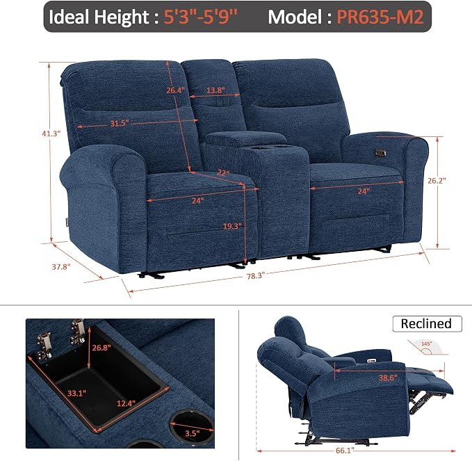 MCombo 78.3" Wall Hugger Power Loveseat Recliner Sofa with Console, Reclining Loveseat with USB Ports, Cup Holders, for Small Spaces Living Room RV, Fabric PR635M2 (Navy Blue)