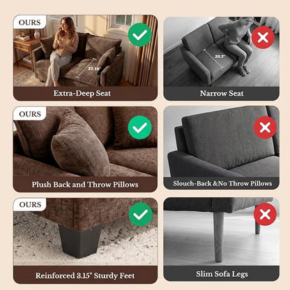 Loveseat Sofa with Cloud 3-Layer Cushion & 27" Deep Seat, Modern Love Seat Small Couch with 2 Washable Pillows for Small Spaces, Bedroom, Apartment, Office, Living Room, in a Box, 50-Inch Cocoa Brown
