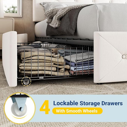 Allewie Upholstered Queen Size Platform Bed Frame with 4 Storage Drawers and Adjustable Headboard, Diamond Button Tufted, Wooden Slats Support, Noise-Free, No Box Spring Needed, Easy Assembly, White