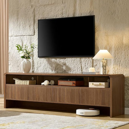 AMERLIFE 70" Modern TV Stand for TVs Up to 80", Wood TV Console with Curved Profile Design & 2 Storage Cabinets, Media Console Entertainment Center for Living Room, Brown