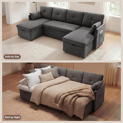 Huatean Home 100" Oversized Sleeper Sofa Couch, 2 in 1 Pullout Couch Bed with Side Pockets for Living Room, Sectional Sleeper Sofa Bed with Double Storage Chaise, Darkgrey