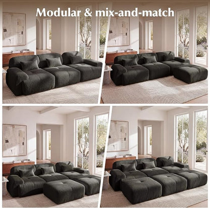 118'' Modular Sectional Cloud Couch Boneless Couches, Oversize Curved Sectional Couches for Living Room, Deep Seat Couch Lambswool Sofa with Ottoman & Throw Pillows, No Assembly, HR Foam