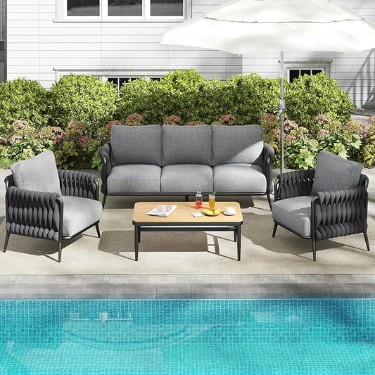 Jocoevol Outdoor Patio Furniture Set, Outdoor 5-Seat Sofa with Coffee Table, Waterproof Thick Cushion Patio Conversation Set, All Weather Outdoor Couch Set for Deck, Lawn, Balcony, Porch