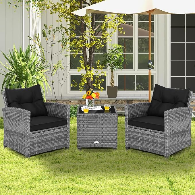 COSTWAY 3PCS Patio Furniture Set, PE Rattan Wicker Sofa w/Washable Cushion and Coffee Table, Tempered Glass Tabletop, Outdoor Conversation Set for Balcony, Porch, Yard, Backyard, Lawn, Black