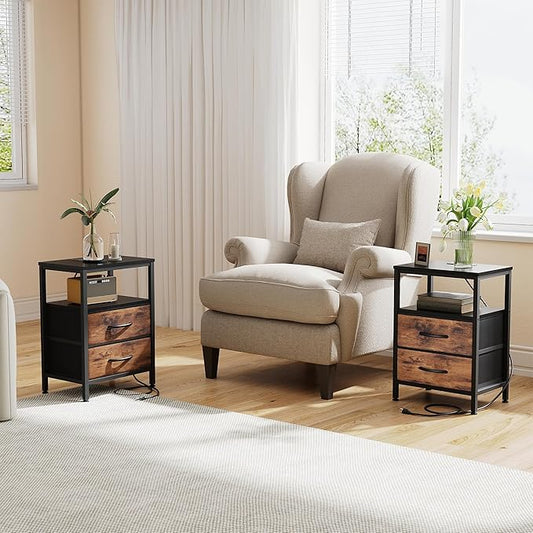 DUMOS Nightstand Set of 2 with Built in Charging Station USB Ports and Outlets Adjustable Fabric Drawer Storage Bedside Table with Open Shelf for Bedroom,Black and Brown