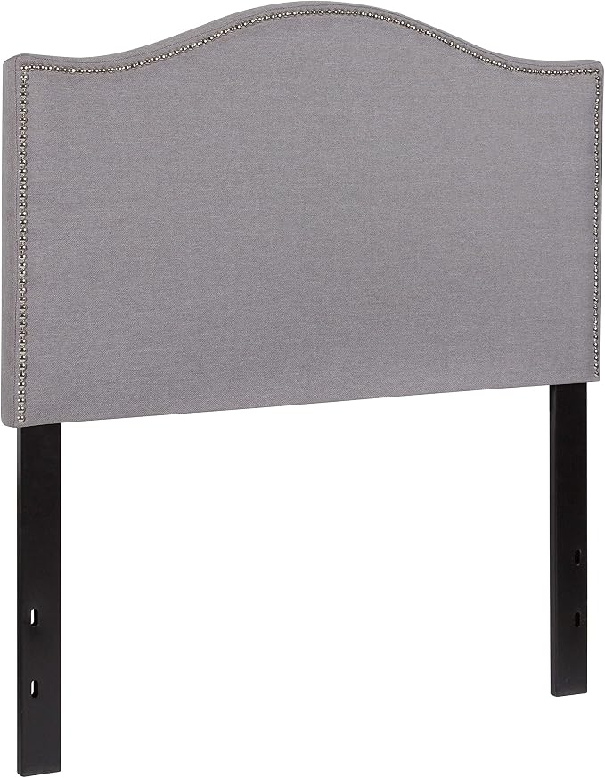EMMA + OLIVER Upholstered Twin Size Headboard with Nailtrim in Light Gray Fabric