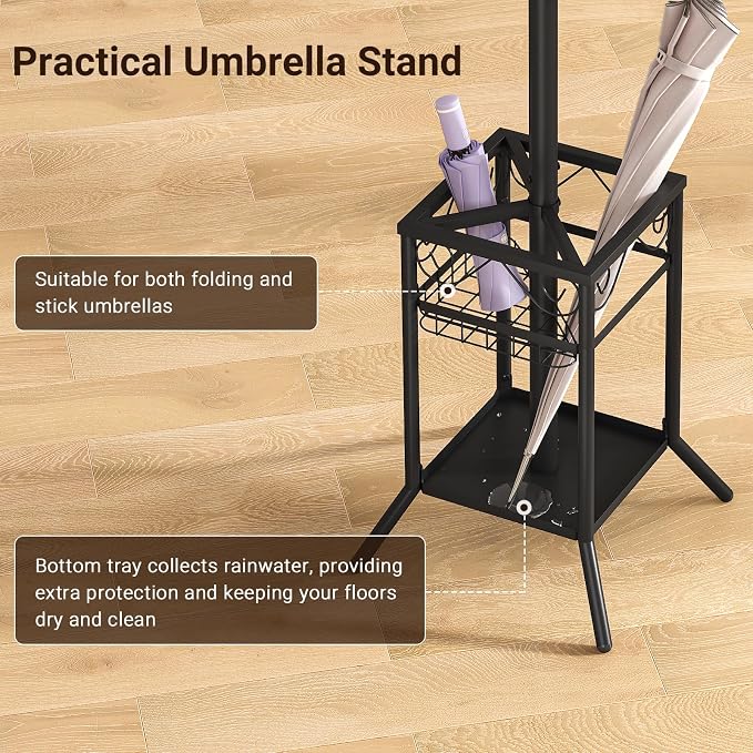 ELYKEN Coat Rack Freestanding, Metal Coat Rack with Umbrella Holder | 12 Hooks, Square Base, Heavy Duty Floor Standing Coat Tree for Entryway, Hallway, Living Room, Bedroom, Office, Black