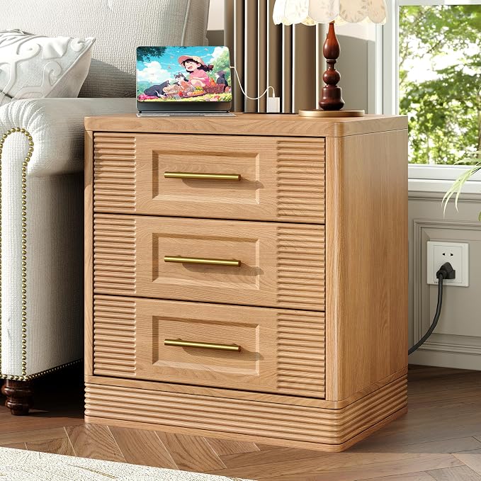 RECHHX 3 Drawer Dresser for Bedroom, 25.6" Tall Nightstand with Charging Station, Farmhouse 23.6" Wide End Table, Thermoformed Curved Small Chest of Drawers for Bedroom, Living Room, Nature Oak