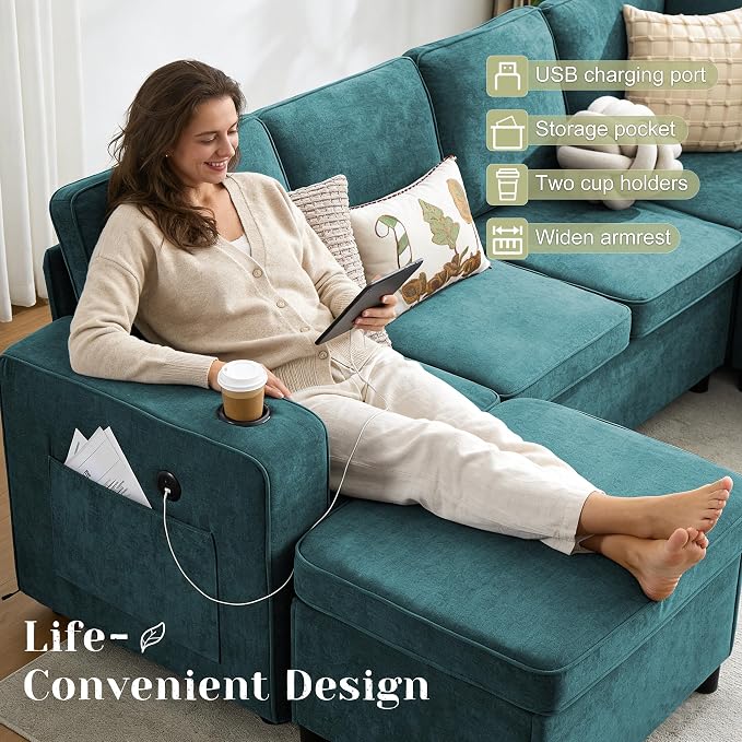 107 Inch Sectional Sleeper Sofa with Pull Out Bed, 7 Seat U Shaped Modular Sectional Sofa with Storage Ottoman, USB Port & 6 Pillows, Sectional Couches for Living Room & Apartment, Modular Couch,Green