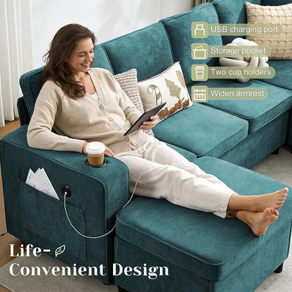 107 Inch Sectional Sleeper Sofa with Pull Out Bed, 7 Seat U Shaped Modular Sectional Sofa with Storage Ottoman, USB Port & 6 Pillows, Sectional Couches for Living Room & Apartment, Modular Couch,Green