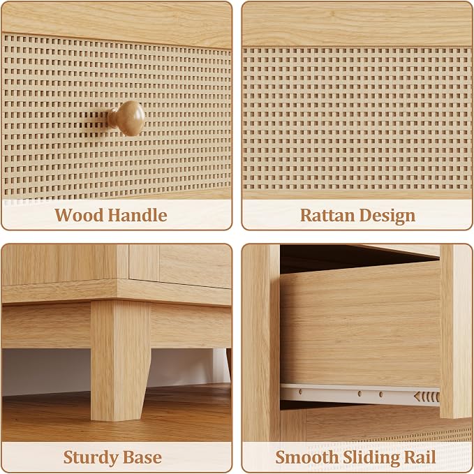 Rattan 3 Drawer Dresser for Bedroom, Small Boho Dresser with Wood Handles, Wood Nightstand, 29.52" Wide Modern Dresser, Chests of Drawers for Living Room, Entryway, Hallway, Natural Oak