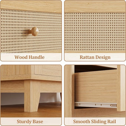 Rattan 3 Drawer Dresser for Bedroom, Small Boho Dresser with Wood Handles, Wood Nightstand, 29.52" Wide Modern Dresser, Chests of Drawers for Living Room, Entryway, Hallway, Natural Oak