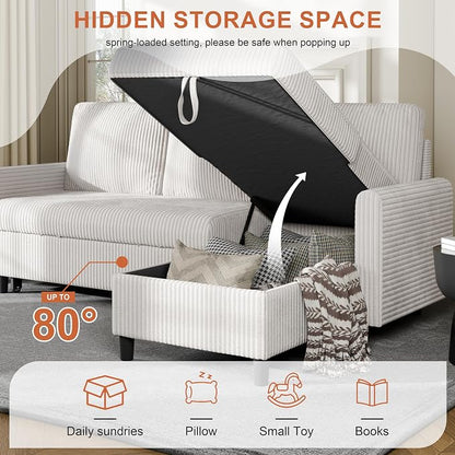 Vongrasig Pull Out Couch with Storage, 77" Sectional Sleeper Sofa, 2 in 1 L-Shaped Sofa Bed with Storage Chaise Corduroy Fabric for Living Room, Apartment, Small Space, White