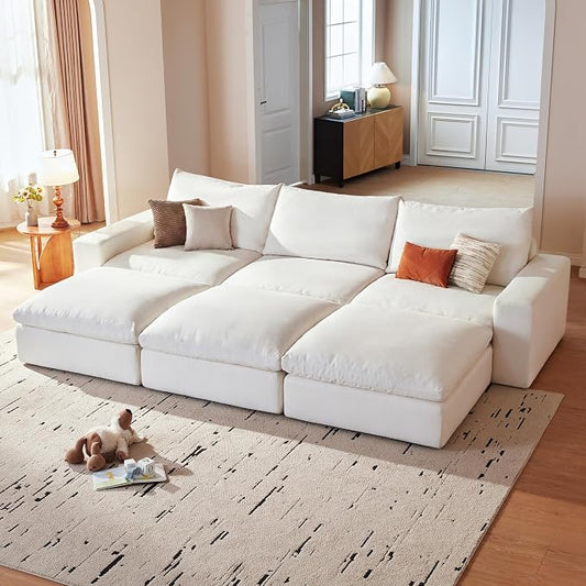 Cloud Couch Sectional 113.8'' Oversized Modular Deep Seat Sofa Bed Comfy White Cloud Couch with Washable Cover for Living Room 3 Seat & 3 Ottoman