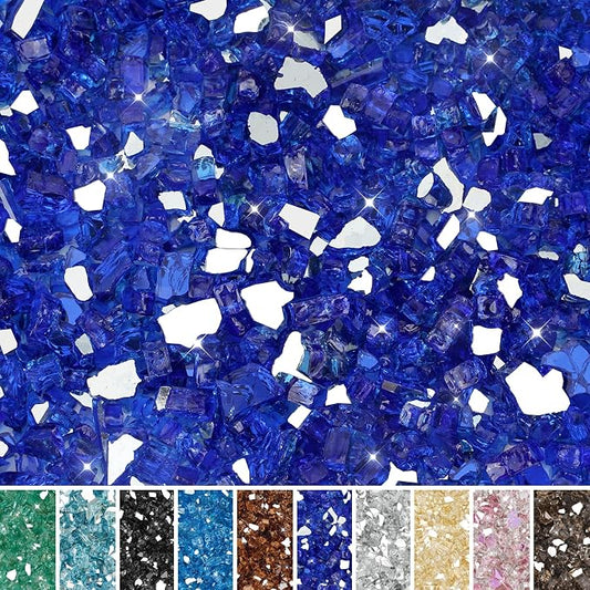 Skyflame 15LB Fire Glass for Propane Fire Pit, 1/2 Inch Cobalt Blue Reflective Glass Rocks, Fireplace Fire Table Decorative