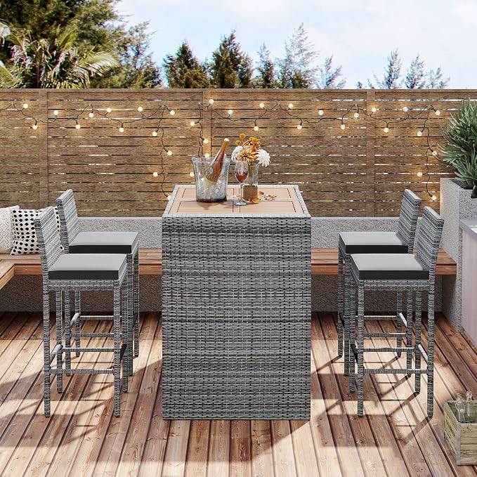 Quarte Modern 5-Piece Outdoor Patio Dining Set, Garden PE Rattan Wicker Bar Set, 4 Bar Height Chairs with Non-Slip Feet and Fixed Rope, Acacia Wood Table Top